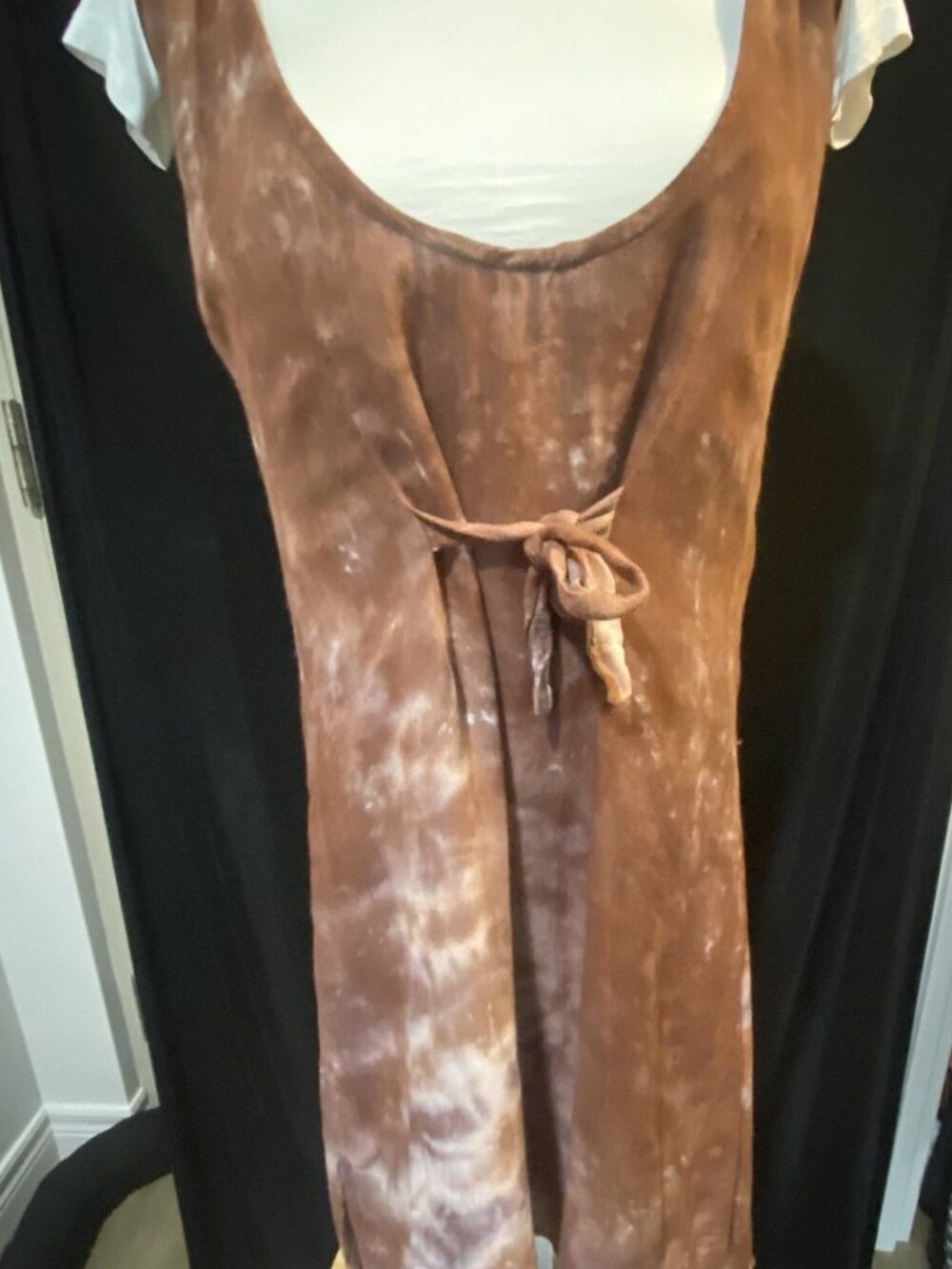 Vintage Brown Tye Dyed Lined Shoulder String Scoop Neck Midi Boho
